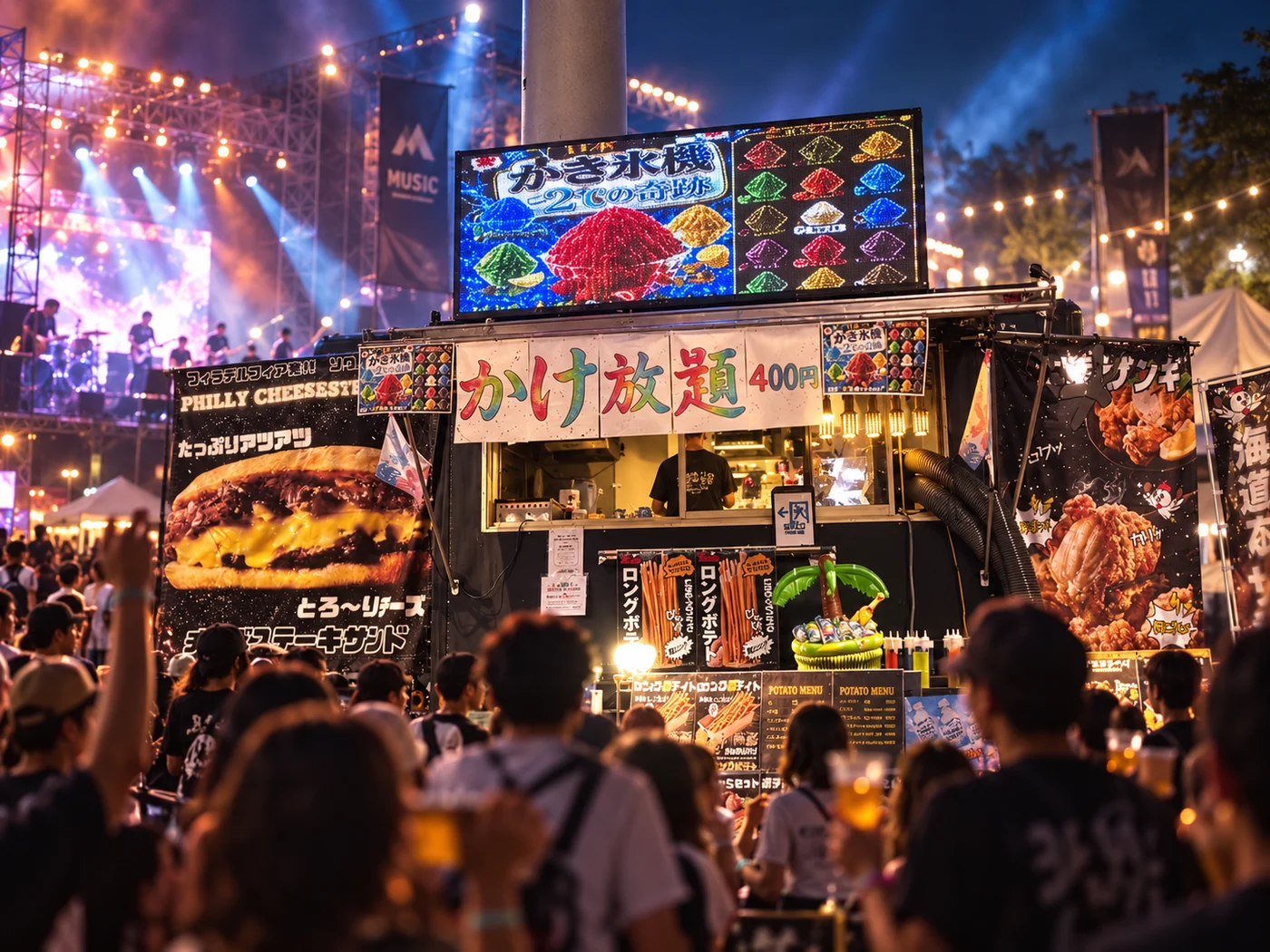 ライブステージと観客が集う夜のフェス会場のイメージ