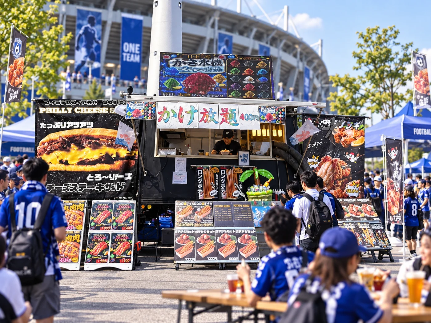 スタジアム前でサポーターが集うスポーツイベントのイメージ
